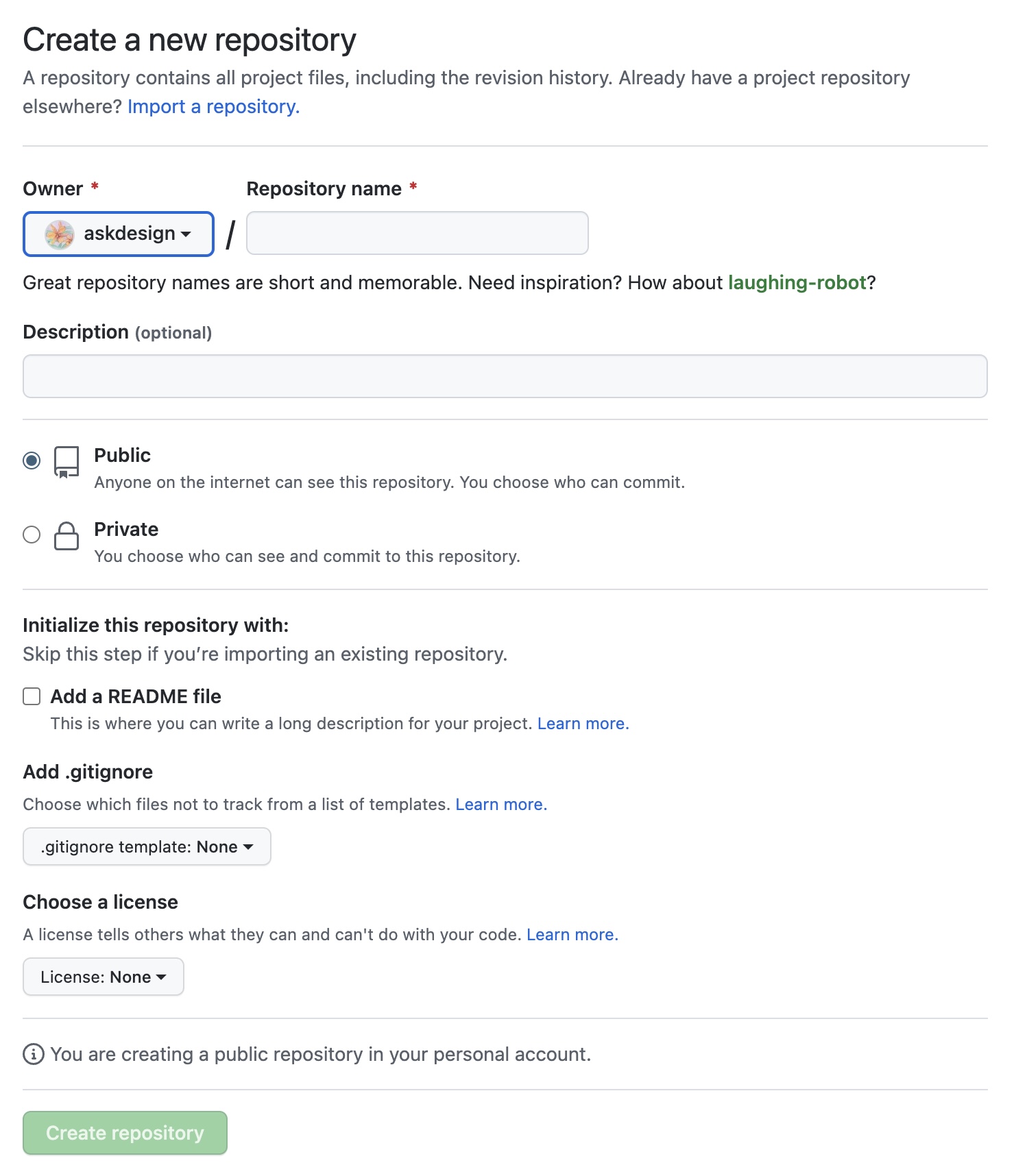 Github Create New Repo Details